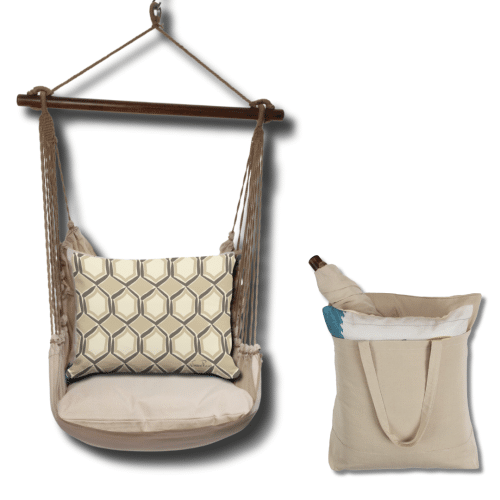 Multi colored outdoor swing crafted by the artisans of Magnolia Casual called the Swing Set 4 piece Latte Solid w/ Vintage Mirrors featuring 100 percent weather resistant fabric, weather resistant polyester fabric, handcrafted shown against a clean backdrop.