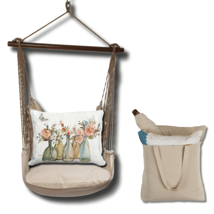 Multi colored outdoor swing crafted by the artisans of Magnolia Casual called the Swing Set 4 piece Latte Solid w/ Flowers in Glass Bottles featuring 100 percent weather resistant fabric, weather resistant polyester fabric, handcrafted shown against a clean backdrop.