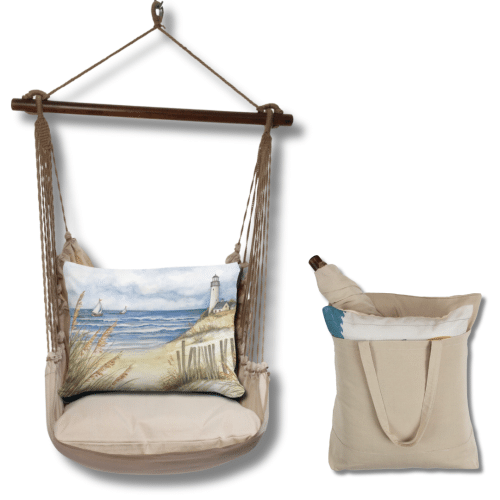 Multi colored outdoor swing crafted by the artisans of Magnolia Casual called the Swing Set 4 piece Latte Solid w/ Beach and Lighthouse featuring 100 percent weather resistant fabric, weather resistant polyester fabric, handcrafted shown against a clean backdrop.