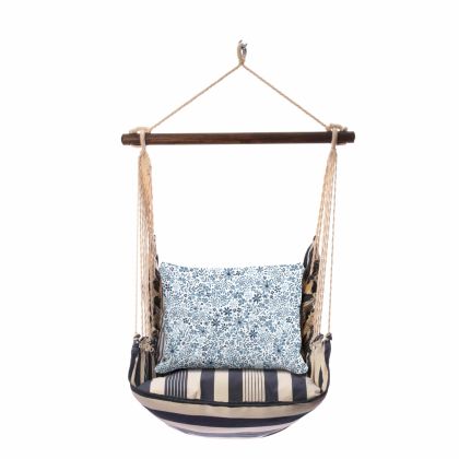 Multi colored outdoor swing crafted by the artisans of Magnolia Casual called the Swing Set 4 piece Marina Stripe w/ Indigo Flourish featuring 100 percent weather resistant fabric, weather resistant polyester fabric, handcrafted shown against a clean backdrop featuring with a stripe motif.
