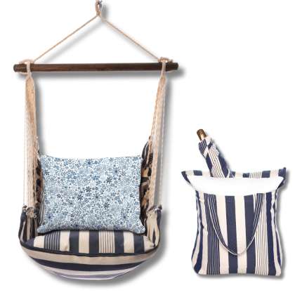 Multi colored outdoor swing crafted by the artisans of Magnolia Casual called the Swing Set 4 piece Marina Stripe w/ Indigo Flourish featuring 100 percent weather resistant fabric, weather resistant polyester fabric, handcrafted shown against a clean backdrop featuring with a stripe motif.