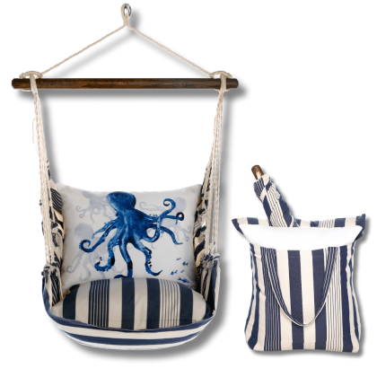 Multi colored outdoor swing crafted by the artisans of Magnolia Casual called the Swing Set 4 piece Marina Stripe w/ Indigo Octopus featuring 100 percent weather resistant fabric, weather resistant polyester fabric, handcrafted shown against a clean backdrop featuring with a stripe motif.