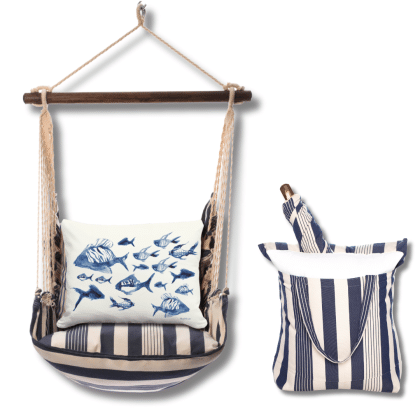 Multi colored outdoor swing crafted by the artisans of Magnolia Casual called the Swing Set 4 piece Marina Stripe w/ Underwater Ballet featuring 100 percent weather resistant fabric, weather resistant polyester fabric, handcrafted shown against a clean backdrop featuring with a stripe motif.