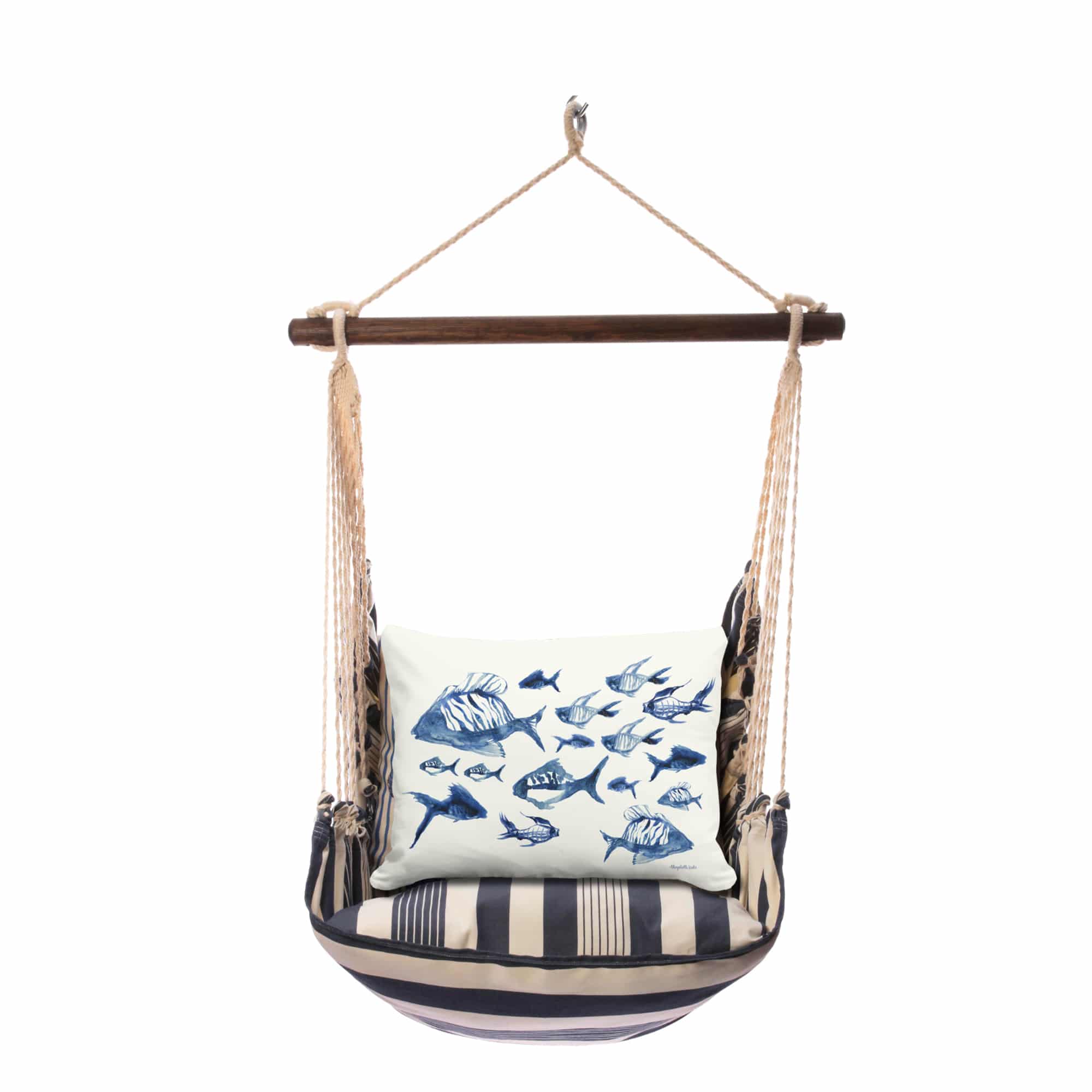 Multi colored outdoor swing crafted by the artisans of Magnolia Casual called the Swing Set 4 piece Marina Stripe w/ Underwater Ballet featuring 100 percent weather resistant fabric, weather resistant polyester fabric, handcrafted shown against a clean backdrop featuring with a stripe motif.