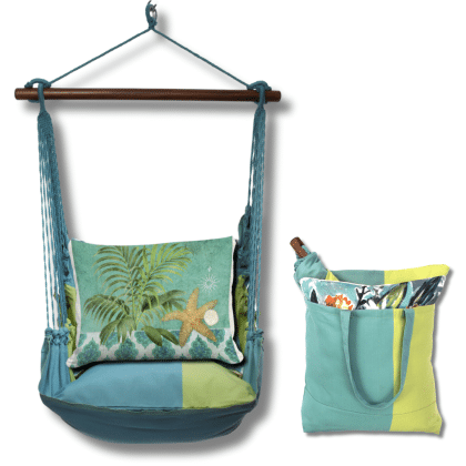 Multi colored outdoor swing crafted by the artisans of Magnolia Casual called the Swing Set 4 piece Meadow Mist Stripe w/ Starfish and Palm featuring 100 percent weather resistant fabric, weather resistant polyester fabric, handcrafted, natural materials shown against a clean backdrop featuring with a stripe motif.