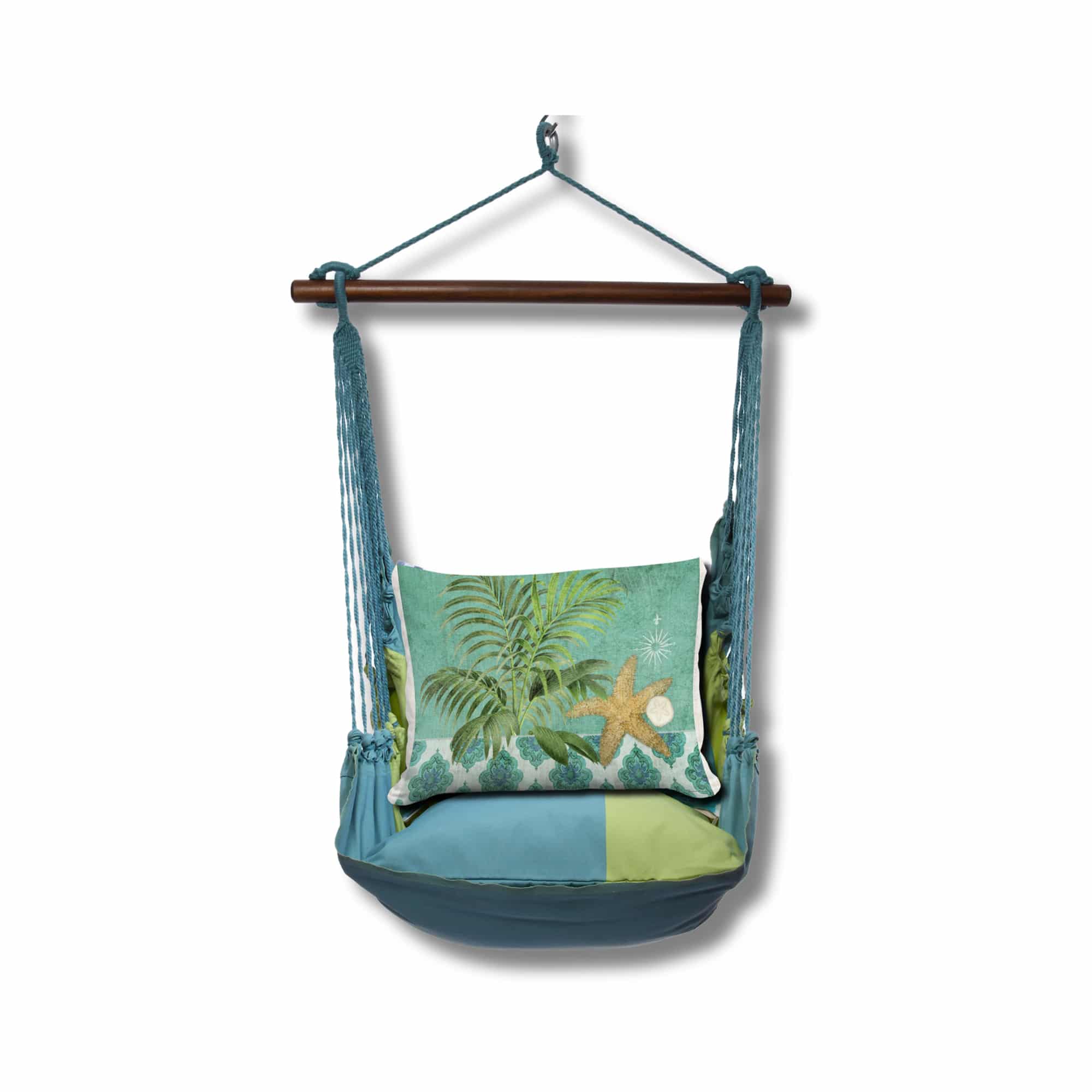 Multi colored outdoor swing crafted by the artisans of Magnolia Casual called the Swing Set 4 piece Meadow Mist Stripe w/ Starfish and Palm featuring 100 percent weather resistant fabric, weather resistant polyester fabric, handcrafted, natural materials shown against a clean backdrop featuring with a stripe motif.