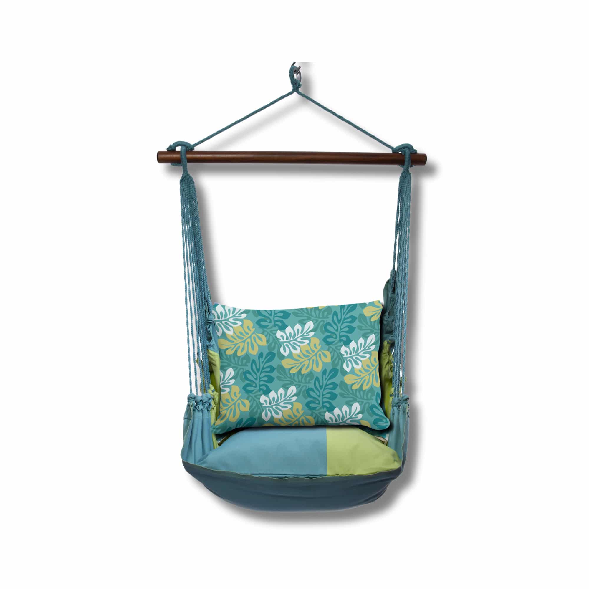 Multi colored outdoor swing crafted by the artisans of Magnolia Casual called the Swing Set 4 piece Meadow Mist Stripe w/ Tropical Flow featuring 100 percent weather resistant fabric, weather resistant polyester fabric, handcrafted, natural materials shown against a clean backdrop featuring with a stripe motif.