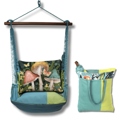 Multi colored outdoor swing crafted by the artisans of Magnolia Casual called the Swing Set 4 piece Meadow Mist Stripe w/ Mushroom Trio featuring 100 percent weather resistant fabric, weather resistant polyester fabric, handcrafted, natural materials shown against a clean backdrop featuring with a stripe motif.