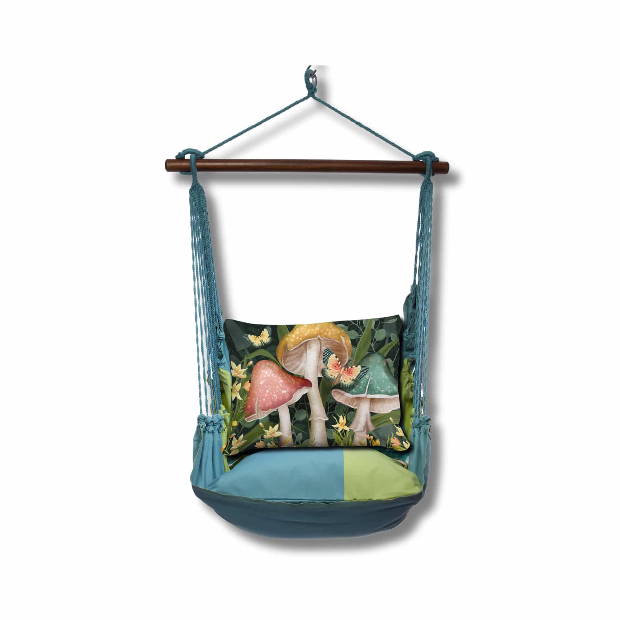 Multi colored outdoor swing crafted by the artisans of Magnolia Casual called the Swing Set 4 piece Meadow Mist Stripe w/ Mushroom Trio featuring 100 percent weather resistant fabric, weather resistant polyester fabric, handcrafted, natural materials shown against a clean backdrop featuring with a stripe motif.