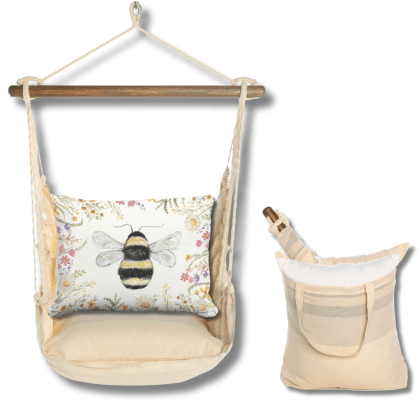 Multi colored outdoor swing crafted by the artisans of Magnolia Casual called the Swing Set 4 piece Magnolia Stripe w/ Floral Bee featuring 100 percent weather resistant fabric, weather resistant polyester fabric, handcrafted shown against a clean backdrop featuring with a magnolia motif.