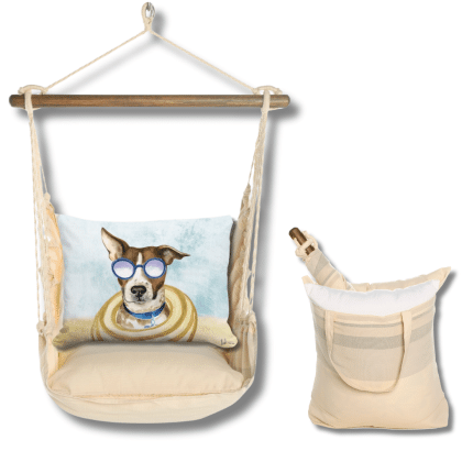Multi colored outdoor swing crafted by the artisans of Magnolia Casual called the Swing Set 4 piece Magnolia Stripe w/ Cool Dog featuring 100 percent weather resistant fabric, weather resistant polyester fabric, handcrafted shown against a clean backdrop featuring with a magnolia motif.