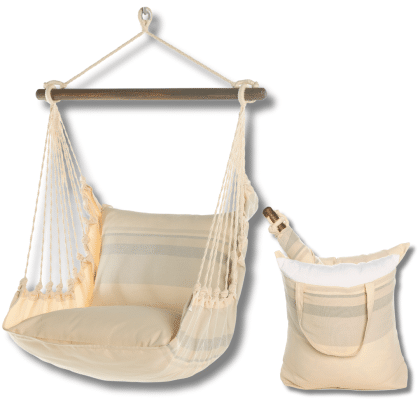 Multi colored outdoor swing crafted by the artisans of Magnolia Casual called the Swing Set 4 piece Magnolia Stripe w/ Magnolia Stripe featuring 100 percent weather resistant fabric, weather resistant polyester fabric, handcrafted shown against a clean backdrop featuring with a magnolia motif.