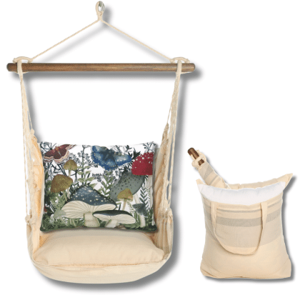 Multi colored outdoor swing crafted by the artisans of Magnolia Casual called the Swing Set 4 piece Magnolia Stripe w/ Botanical Mushrooms 2 featuring 100 percent weather resistant fabric, weather resistant polyester fabric, handcrafted shown against a clean backdrop featuring with a magnolia motif.