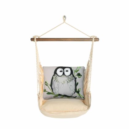 Green outdoor swing crafted by the artisans of Magnolia Casual called the Swing Set 4 piece Magnolia Stripe w/ Owl on Green Branch featuring 100 percent weather resistant fabric, weather resistant polyester fabric, handcrafted shown against a clean backdrop featuring with a magnolia motif and shades of green.