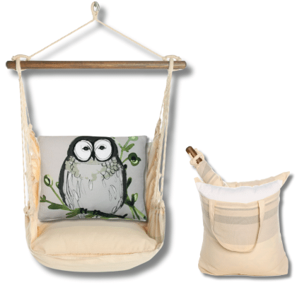 Green outdoor swing crafted by the artisans of Magnolia Casual called the Swing Set 4 piece Magnolia Stripe w/ Owl on Green Branch featuring 100 percent weather resistant fabric, weather resistant polyester fabric, handcrafted shown against a clean backdrop featuring with a magnolia motif and shades of green.