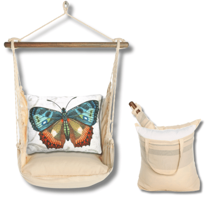 Multi colored outdoor swing crafted by the artisans of Magnolia Casual called the Swing Set 4 piece Magnolia Stripe w/ Butterfly M2 featuring 100 percent weather resistant fabric, weather resistant polyester fabric, handcrafted shown against a clean backdrop featuring with a magnolia motif.