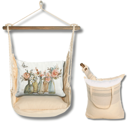 Multi colored outdoor swing crafted by the artisans of Magnolia Casual called the Swing Set 4 piece Magnolia Stripe w/ Flowers in Glass Bottles featuring 100 percent weather resistant fabric, weather resistant polyester fabric, handcrafted shown against a clean backdrop featuring with a magnolia motif.