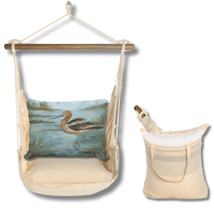 Multi colored outdoor swing crafted by the artisans of Magnolia Casual called the Swing Set 4 piece Magnolia Stripe w/ Avocet Bird in Water featuring 100 percent weather resistant fabric, weather resistant polyester fabric, handcrafted shown against a clean backdrop featuring with a magnolia motif.