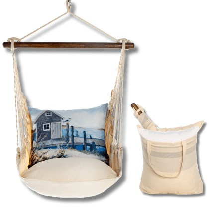 Multi colored outdoor swing crafted by the artisans of Magnolia Casual called the Swing Set 4 piece Magnolia Stripe w/ Boat House Pier featuring 100 percent weather resistant fabric, weather resistant polyester fabric, handcrafted shown against a clean backdrop featuring with a magnolia motif.