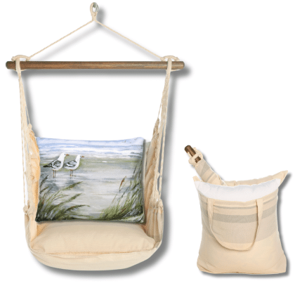 Multi colored outdoor swing crafted by the artisans of Magnolia Casual called the Swing Set 4 piece Magnolia Stripe w/ Seagulls featuring 100 percent weather resistant fabric, weather resistant polyester fabric, handcrafted shown against a clean backdrop featuring with a magnolia motif.