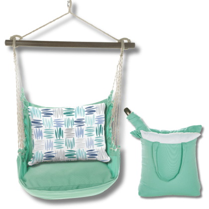Green outdoor swing crafted by the artisans of Magnolia Casual called the Swing Set 4 piece Seafoam Green Solid w/ Whimsy Strokes featuring 100 percent weather resistant fabric, weather resistant polyester fabric, handcrafted shown against a clean backdrop featuring shades of green.