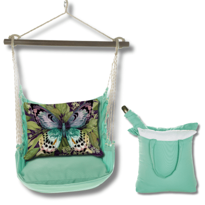 Green outdoor swing crafted by the artisans of Magnolia Casual called the Swing Set 4 piece Seafoam Green Solid w/ Mystic Butterfly featuring 100 percent weather resistant fabric, weather resistant polyester fabric, handcrafted shown against a clean backdrop featuring with a butterfly motif and shades of green.