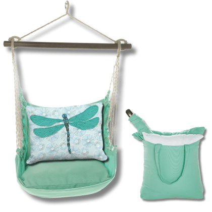 Green outdoor swing crafted by the artisans of Magnolia Casual called the Swing Set 4 piece Seafoam Green Solid w/ Dragonfly with Lilly Pads featuring 100 percent weather resistant fabric, weather resistant polyester fabric, handcrafted shown against a clean backdrop featuring with a dragonfly motif and shades of green.