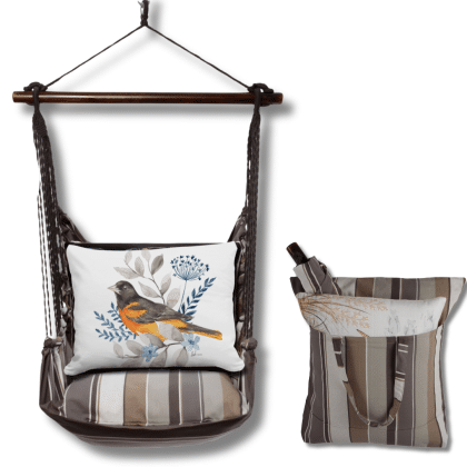 Gray outdoor swing crafted by the artisans of Magnolia Casual called the Swing Set 4 piece Slate Gray Stripe w/ Oriole featuring 100 percent weather resistant fabric, weather resistant polyester fabric, handcrafted shown against a clean backdrop featuring with a stripe motif and shades of gray.