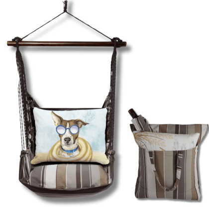Gray outdoor swing crafted by the artisans of Magnolia Casual called the Swing Set 4 piece Slate Gray Stripe w/ Cool Dog featuring 100 percent weather resistant fabric, weather resistant polyester fabric, handcrafted shown against a clean backdrop featuring with a stripe motif and shades of gray.