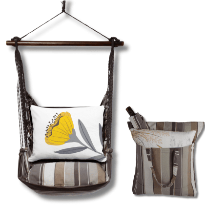 Yellow outdoor swing crafted by the artisans of Magnolia Casual called the Swing Set 4 piece Slate Gray Stripe w/ Yellow Poppy featuring 100 percent weather resistant fabric, weather resistant polyester fabric, handcrafted shown against a clean backdrop featuring with a stripe motif and shades of gray and yellow.
