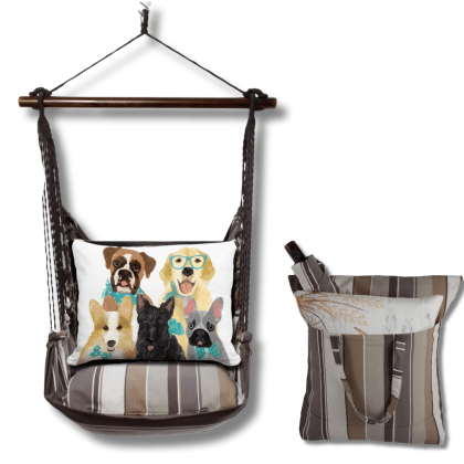 Gray outdoor swing crafted by the artisans of Magnolia Casual called the Swing Set 4 piece Slate Gray Stripe w/ Dog Portrait featuring 100 percent weather resistant fabric, weather resistant polyester fabric, handcrafted shown against a clean backdrop featuring with a stripe motif and shades of gray.
