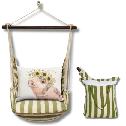 Multi colored outdoor swing crafted by the artisans of Magnolia Casual called the Swing Set 4 piece Summer Palms Stripe w/ Pig with Sunflowers featuring 100 percent weather resistant fabric, weather resistant polyester fabric, handcrafted shown against a clean backdrop featuring with a stripe motif.