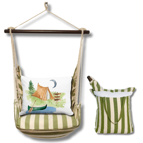 Multi colored outdoor swing crafted by the artisans of Magnolia Casual called the Swing Set 4 piece Summer Palms Stripe w/ Summer Camp featuring 100 percent weather resistant fabric, weather resistant polyester fabric, handcrafted shown against a clean backdrop featuring with a stripe motif.