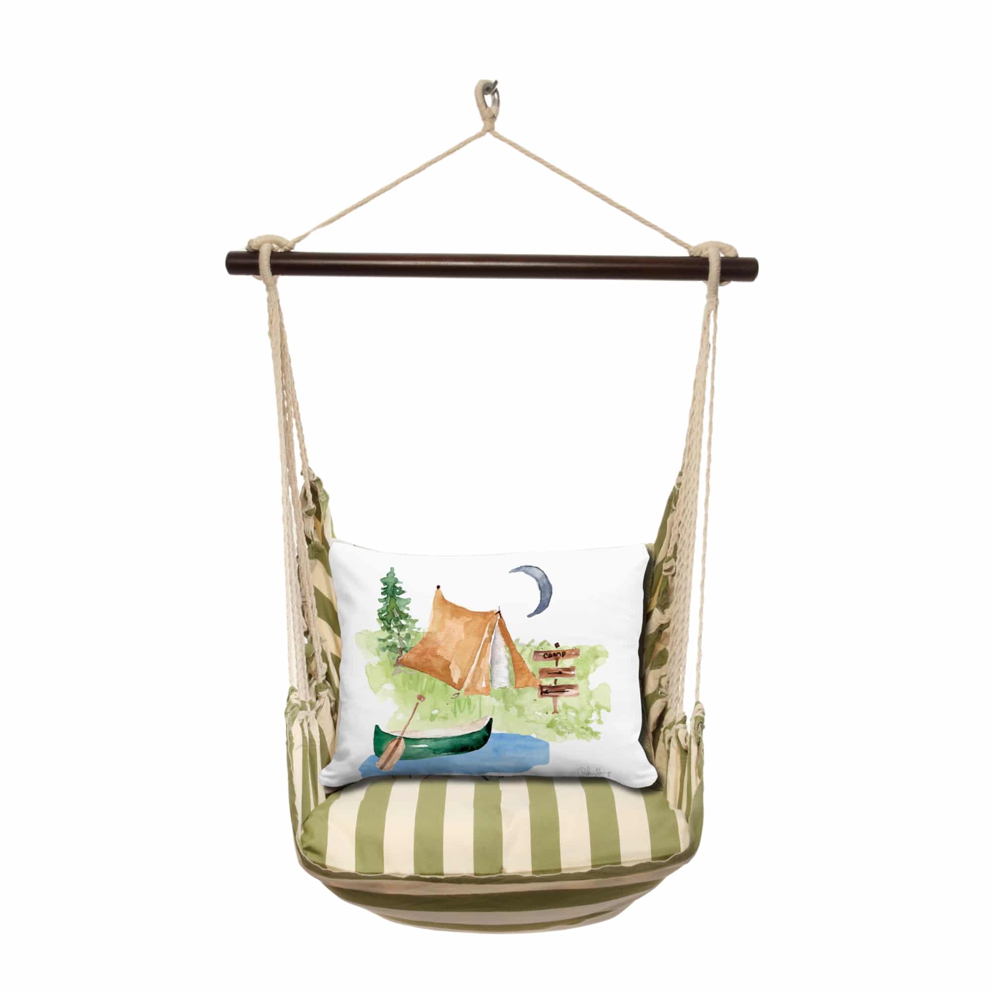 Multi colored outdoor swing crafted by the artisans of Magnolia Casual called the Swing Set 4 piece Summer Palms Stripe w/ Summer Camp featuring 100 percent weather resistant fabric, weather resistant polyester fabric, handcrafted shown against a clean backdrop featuring with a stripe motif.