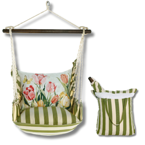 Pink outdoor swing crafted by the artisans of Magnolia Casual called the Swing Set 4 piece Summer Palms Stripe w/ Pink and Yellow Tulips featuring 100 percent weather resistant fabric, weather resistant polyester fabric, handcrafted shown against a clean backdrop featuring with a stripe motif and shades of pink and yellow.