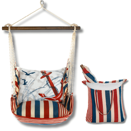 Red outdoor swing crafted by the artisans of Magnolia Casual called the Swing Set 4 piece Stars & Stripes w/ Red Anchor featuring 100 percent weather resistant fabric, weather resistant polyester fabric, handcrafted shown against a clean backdrop featuring with a stripes motif and shades of red.