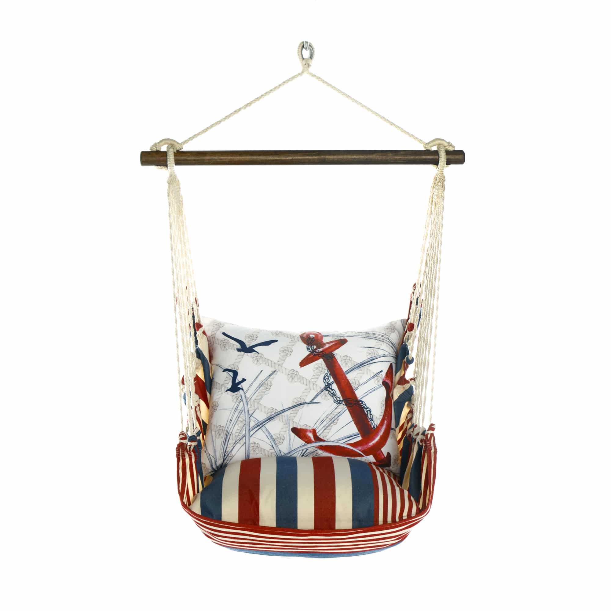 Red outdoor swing crafted by the artisans of Magnolia Casual called the Swing Set 4 piece Stars & Stripes w/ Red Anchor featuring 100 percent weather resistant fabric, weather resistant polyester fabric, handcrafted shown against a clean backdrop featuring with a stripes motif and shades of red.