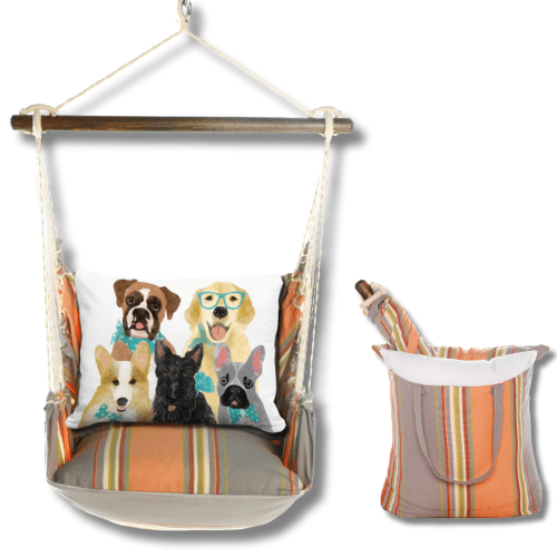 Multi colored outdoor swing crafted by the artisans of Magnolia Casual called the Swing Set 4 piece Serene Sunset w/ Dog Portrait featuring 100 percent weather resistant fabric, weather resistant polyester fabric, handcrafted shown against a clean backdrop featuring with a dog motif.