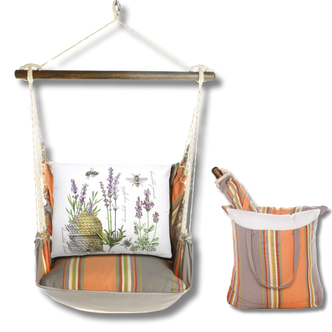 SWS-SUN-MLT705 Multi colored outdoor swing crafted by the artisans of Magnolia Casual called the Swing Set 4 piece Serene Sunset w/ Beehive featuring 100 percent weather resistant fabric, weather resistant polyester fabric, handcrafted shown against a clean backdrop.