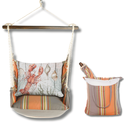 Multi colored outdoor swing crafted by the artisans of Magnolia Casual called the Swing Set 4 piece Serene Sunset w/ Lobster with Seashells featuring 100 percent weather resistant fabric, weather resistant polyester fabric, handcrafted shown against a clean backdrop featuring with a lobster motif.
