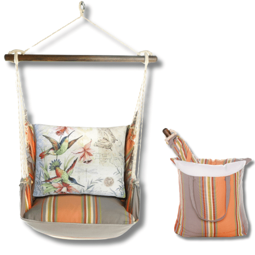 Multi colored outdoor swing crafted by the artisans of Magnolia Casual called the Swing Set 4 piece Serene Sunset w/ Hummingbirds featuring 100 percent weather resistant fabric, weather resistant polyester fabric, handcrafted shown against a clean backdrop.