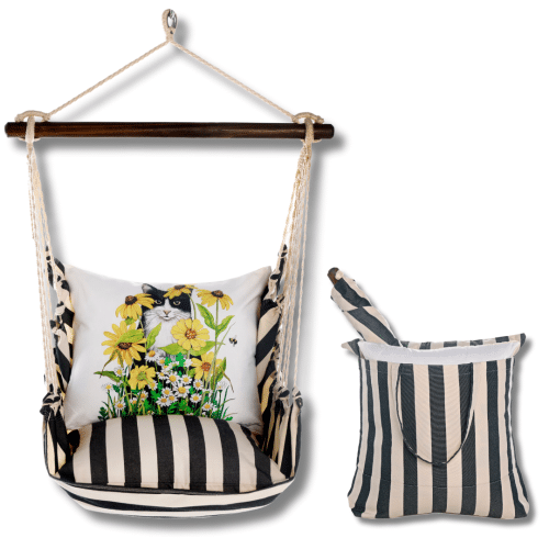 Black outdoor swing crafted by the artisans of Magnolia Casual called the Swing Set 4 piece True Black Stripe w/ Cat with Daisies featuring 100 percent weather resistant fabric, weather resistant polyester fabric, handcrafted shown against a clean backdrop featuring with a stripe motif and shades of black.
