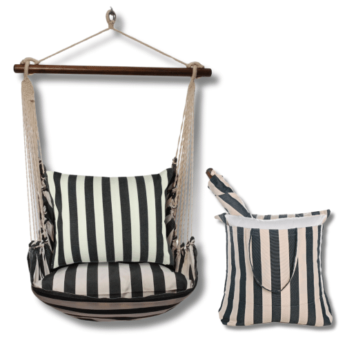 Black outdoor swing crafted by the artisans of Magnolia Casual called the Swing Set 4 piece True Black Stripe w/ True Black Stripe featuring 100 percent weather resistant fabric, weather resistant polyester fabric, handcrafted shown against a clean backdrop featuring with a stripe motif and shades of black.