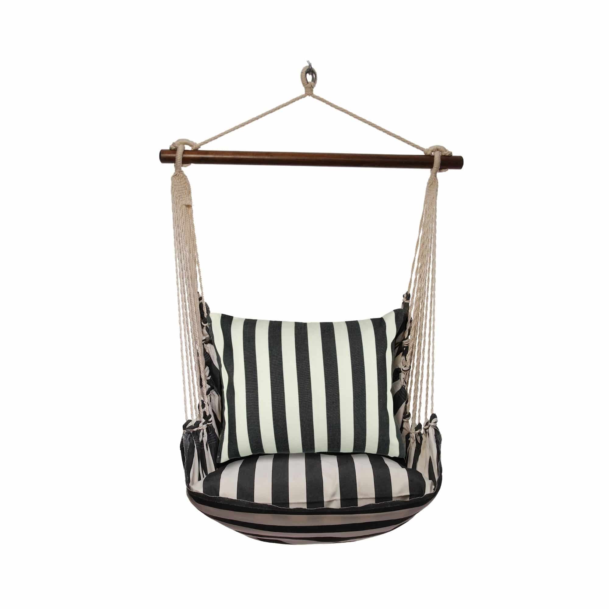 Black outdoor swing crafted by the artisans of Magnolia Casual called the Swing Set 4 piece True Black Stripe w/ True Black Stripe featuring 100 percent weather resistant fabric, weather resistant polyester fabric, handcrafted shown against a clean backdrop featuring with a stripe motif and shades of black.