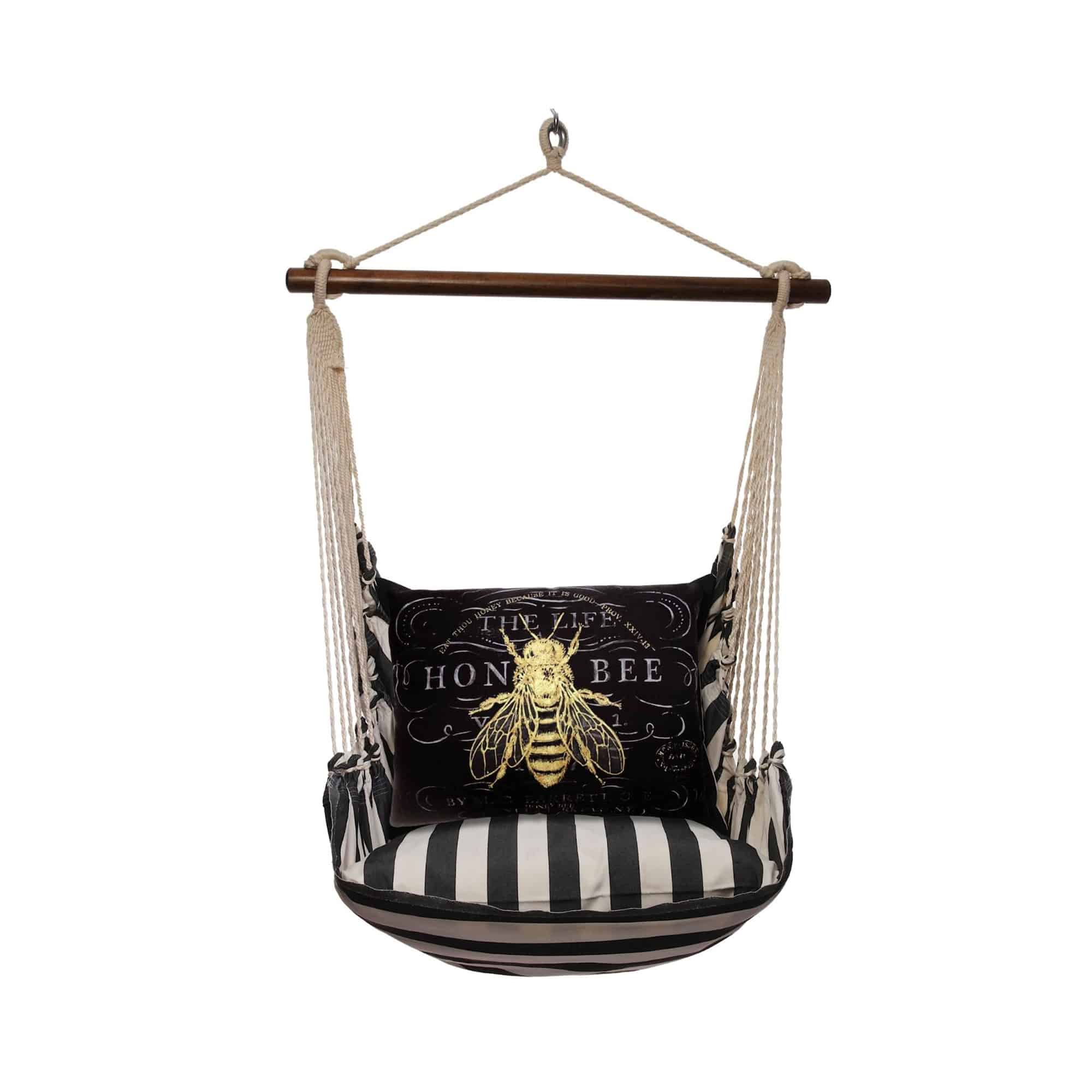 Black outdoor swing crafted by the artisans of Magnolia Casual called the Swing Set 4 piece True Black Stripe w/ Vintage Bee on Black featuring 100 percent weather resistant fabric, weather resistant polyester fabric, handcrafted shown against a clean backdrop featuring with a stripe motif and shades of black.
