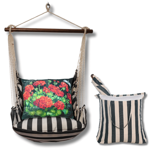 Black outdoor swing crafted by the artisans of Magnolia Casual called the Swing Set 4 piece True Black Stripe w/ Geranium on Black featuring 100 percent weather resistant fabric, weather resistant polyester fabric, handcrafted shown against a clean backdrop featuring with a stripe motif and shades of black.