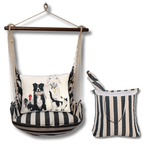 Black outdoor swing crafted by the artisans of Magnolia Casual called the Swing Set 4 piece True Black Stripe w/ Dog and Farm Animals featuring 100 percent weather resistant fabric, weather resistant polyester fabric, handcrafted shown against a clean backdrop featuring with a stripe motif and shades of black.