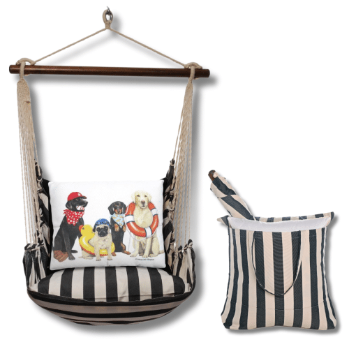 Black outdoor swing crafted by the artisans of Magnolia Casual called the Swing Set 4 piece True Black Stripe w/ Dogs of Summer featuring 100 percent weather resistant fabric, weather resistant polyester fabric, handcrafted shown against a clean backdrop featuring with a stripe motif and shades of black.