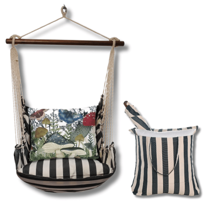 Black outdoor swing crafted by the artisans of Magnolia Casual called the Swing Set 4 piece True Black Stripe w/ Botanical Mushrooms 2 featuring 100 percent weather resistant fabric, weather resistant polyester fabric, handcrafted shown against a clean backdrop featuring with a stripe motif and shades of black.