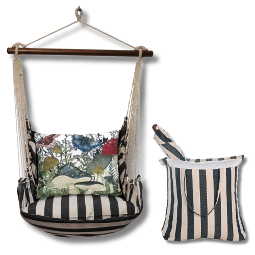 Black outdoor swing crafted by the artisans of Magnolia Casual called the Swing Set 4 piece True Black Stripe w/ Botanical Mushrooms 2 featuring 100 percent weather resistant fabric, weather resistant polyester fabric, handcrafted shown against a clean backdrop featuring with a stripe motif and shades of black.